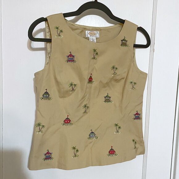 TALBOTS Tan Sleeveless Top Tank Blouse SZ 4 Tropical Palm Tree Vtg - Picture 1 of 6